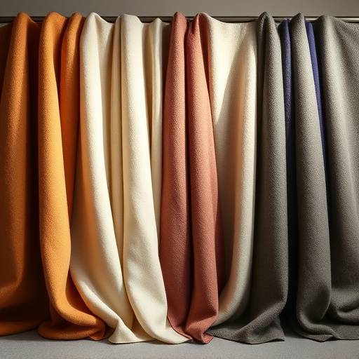 A display of various fine wool and cashmere fabrics laid out for selection.