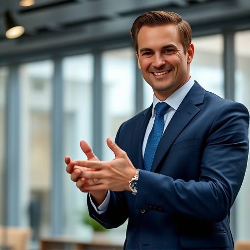 A man in a perfectly tailored navy suit confidently shaking hands with a client in a modern office setting.