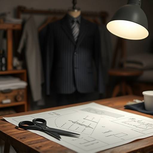 A tailor's table with pattern paper, chalk, and shears, showing a suit pattern being drafted.