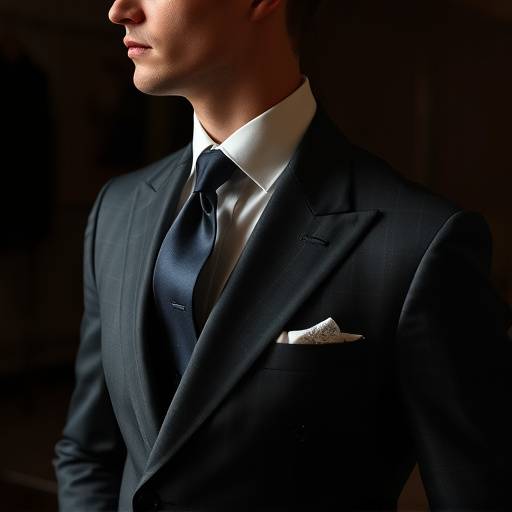 Client in a more complete bespoke suit, with a tailor making minor adjustments at the shoulder.