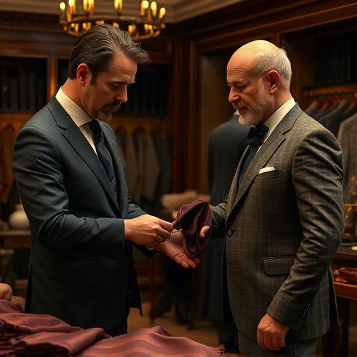 Master tailor discussing fabric swatches with a client in a luxurious atelier.