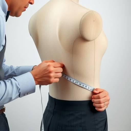 Tailor meticulously taking body measurements with a measuring tape.